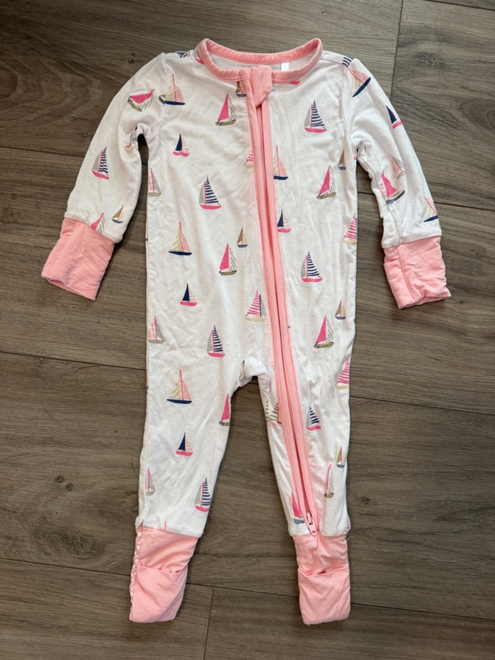 Angel Dear White Footed One-Piece with Pink & Navy Sailboats